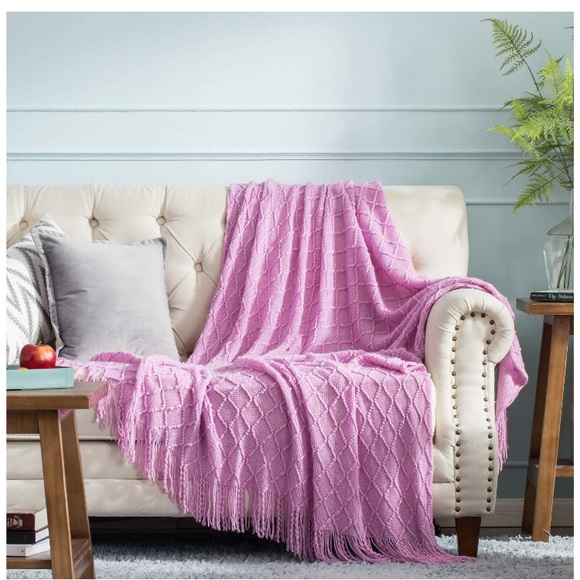 Grey Diamond Tassel Knit Throw Cozy Fringe Patterned Fall/Winter Dorm Blanket - Picture 13 of 16